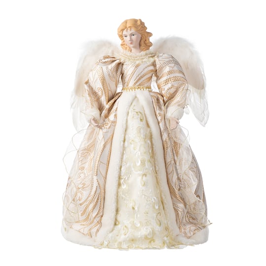 Glitzhome® 24"H Faux Fur & PVC Christmas Elegant Angel Tree Topper with Porcelain Face in Gold | 19.75" x 7.75" x 24" | Michaels®